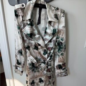INC International Concepts Cream, Green & Brown Watercolor Trench Coat